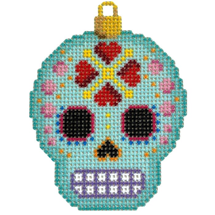 Sugar Skull Ornament/Aqua Printed Canvas Two Sisters Needlepoint 
