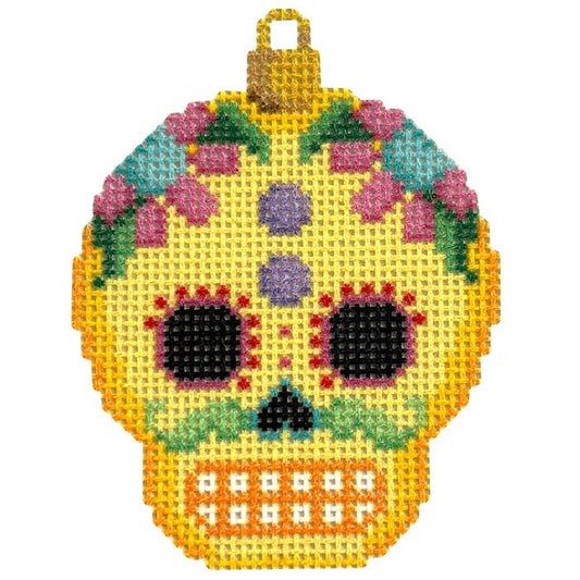 Sugar Skull Ornament/Yellow Printed Canvas Two Sisters Needlepoint 