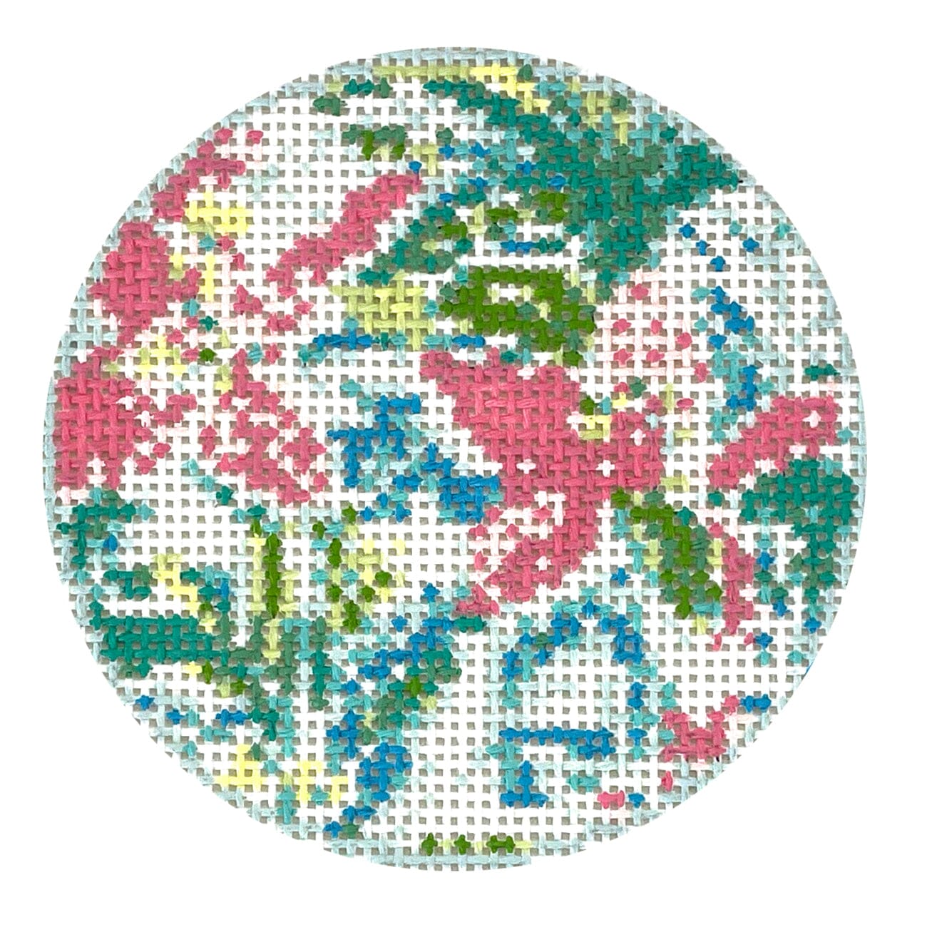 Sunnies Pink Floral Round Painted Canvas Blue Waters Needlepoint  - 1