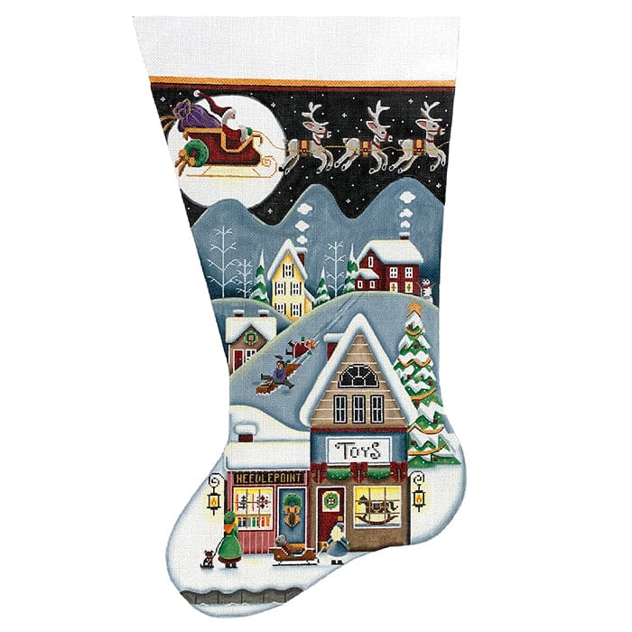 Sweet Shop Village Stocking on 18 TTL Painted Canvas Rebecca Wood Designs  - 1