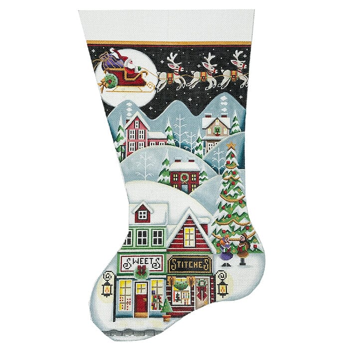 Sweet Shop Village Stocking TTL on 13 Painted Canvas Rebecca Wood Designs 