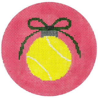 Tennis Ball with Green Bow on Pink Round Painted Canvas Kristine Kingston 
