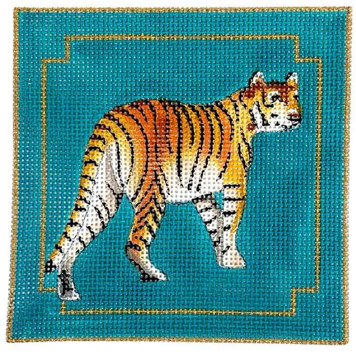 Tiger on Teal 4x4 | Needlepoint.Com