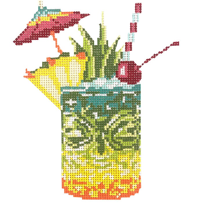 Tiki Cocktail Painted Canvas Lucky Lotus Needlepoint 
