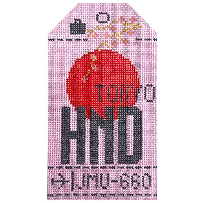 Tokyo Haneda HND Retro Travel Tag Painted Canvas Hedgehog Needlepoint 
