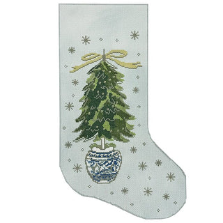 Topiary Christmas Tree Blue Stocking Painted Canvas KCN Designers 
