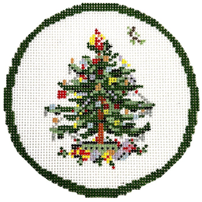 Transferware Christmas Plate Painted Canvas The Gingham Stitchery  - 1