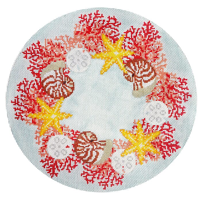 Tropical Coral Wreath Round Painted Canvas The Salty Stitcher 
