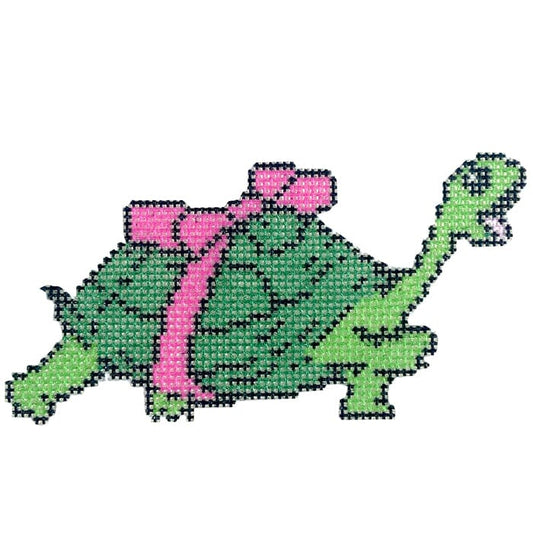 Turtle with Pink Bow Painted Canvas Ziggy Stitches 