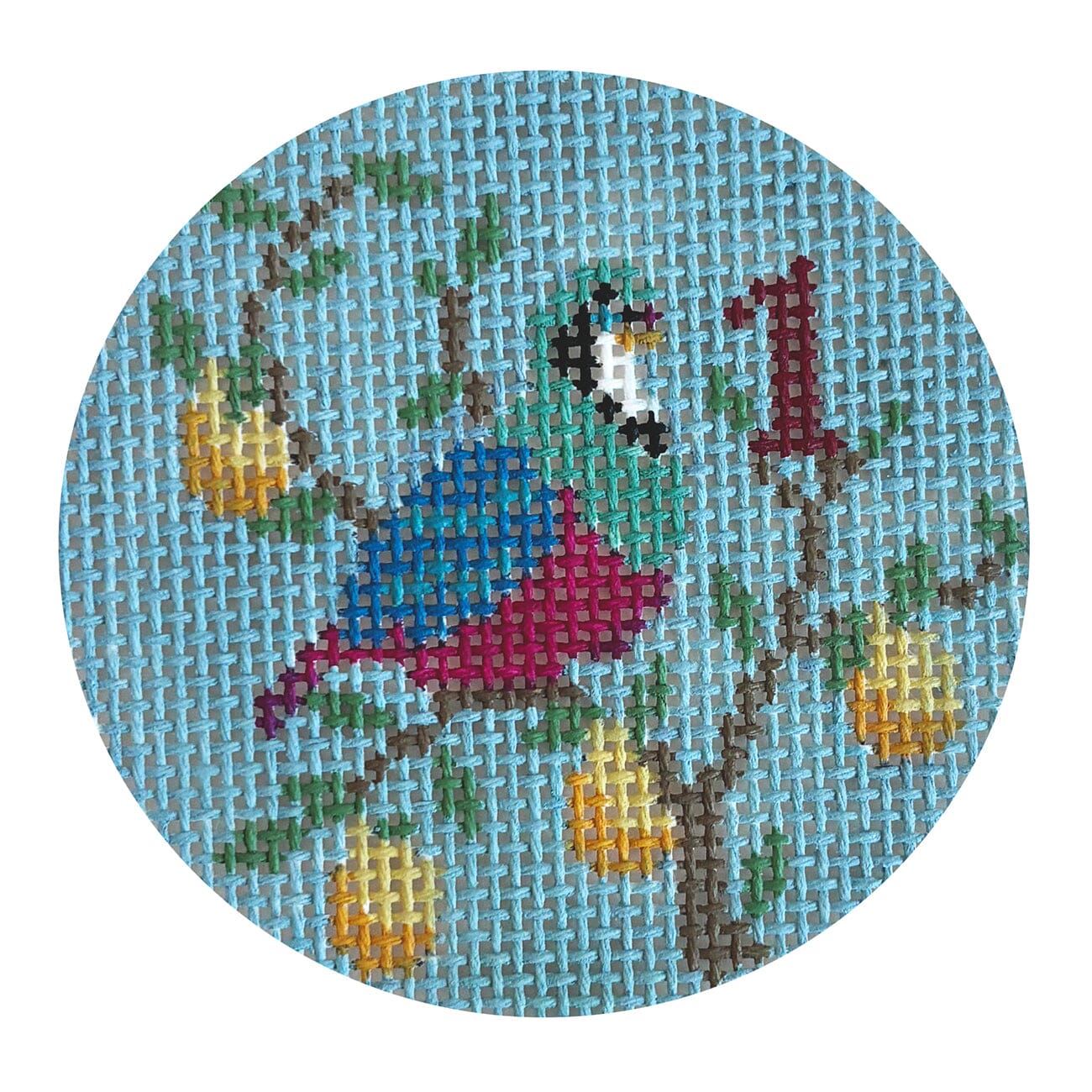 Twelve Days, 1 Partridge, 2.5" Round Painted Canvas Susan Roberts Needlepoint Designs Inc. 
