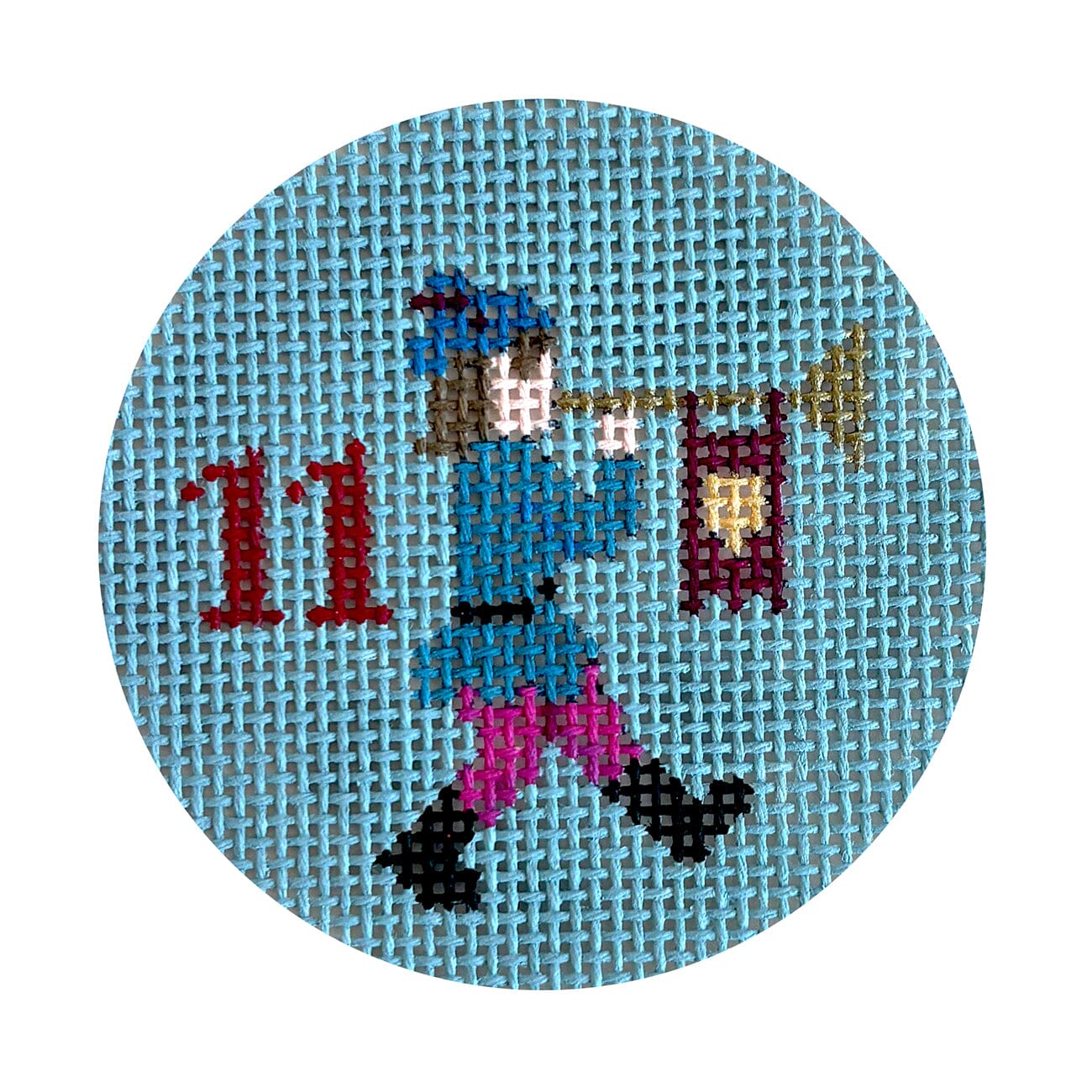 Twelve Days, 11 Pipers Piping, 2.5" Round Painted Canvas Susan Roberts Needlepoint Designs Inc. 
