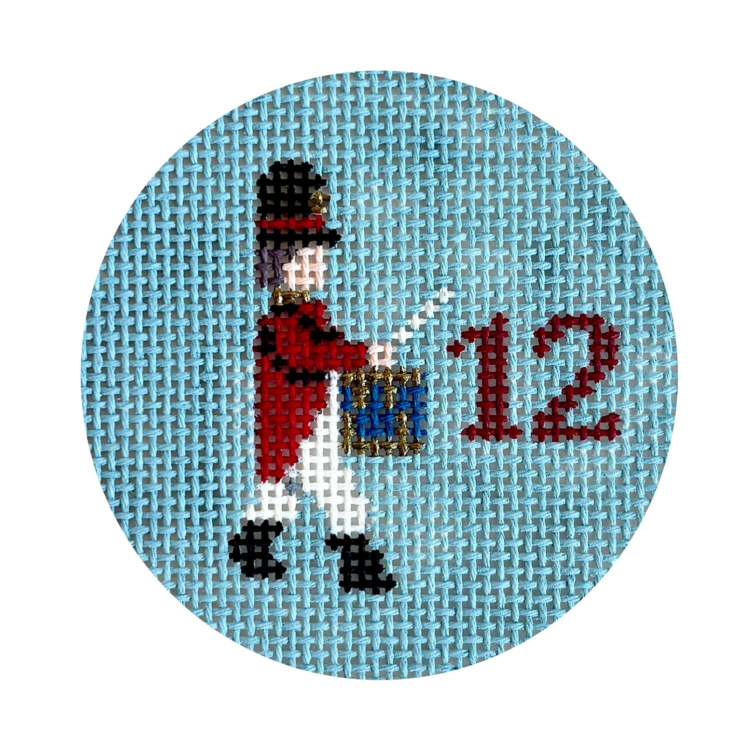 Twelve Days, 12 Drummers Drumming, 2.5" Round Painted Canvas Susan Roberts Needlepoint Designs Inc. 
