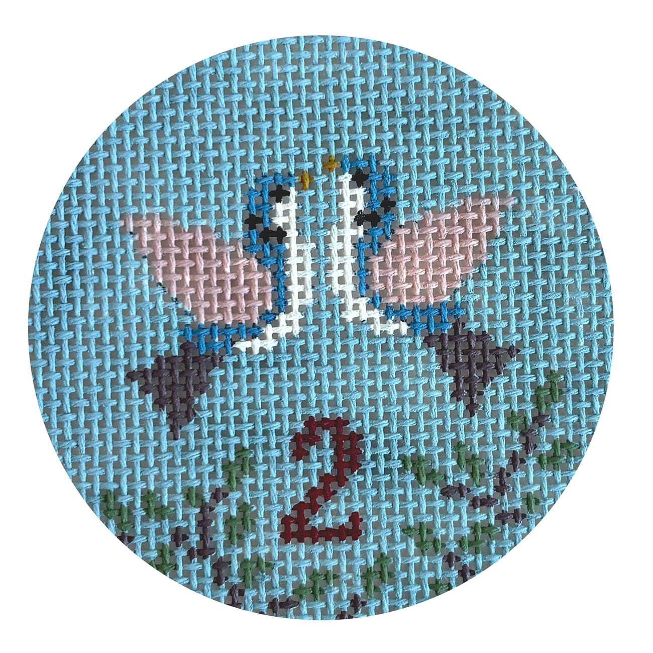 Twelve Days, 2 Turtle Doves, 2.5" Round Painted Canvas Susan Roberts Needlepoint Designs Inc. 
