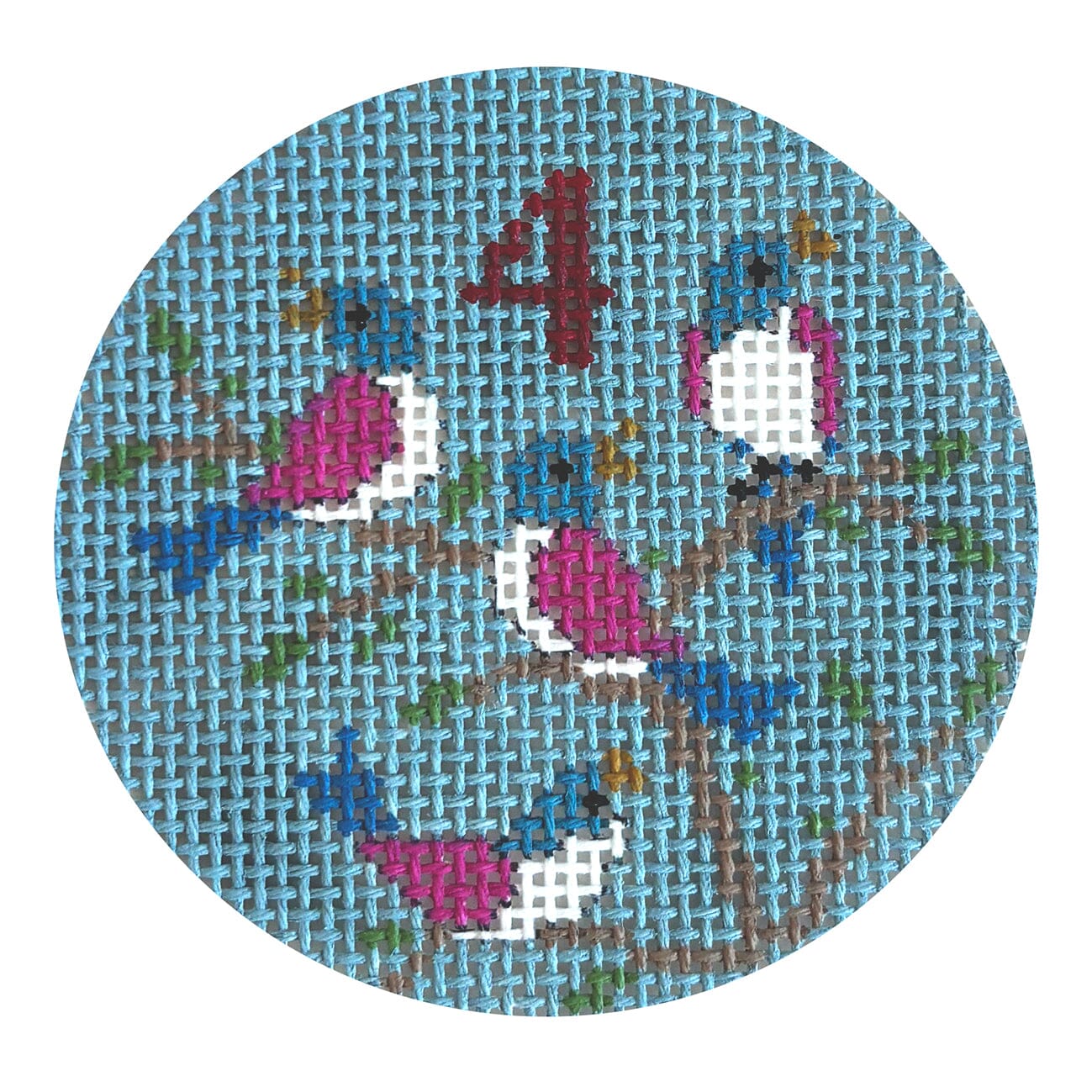 Twelve Days, 4 Calling Birds, 2.5" Round Painted Canvas Susan Roberts Needlepoint Designs Inc. 
