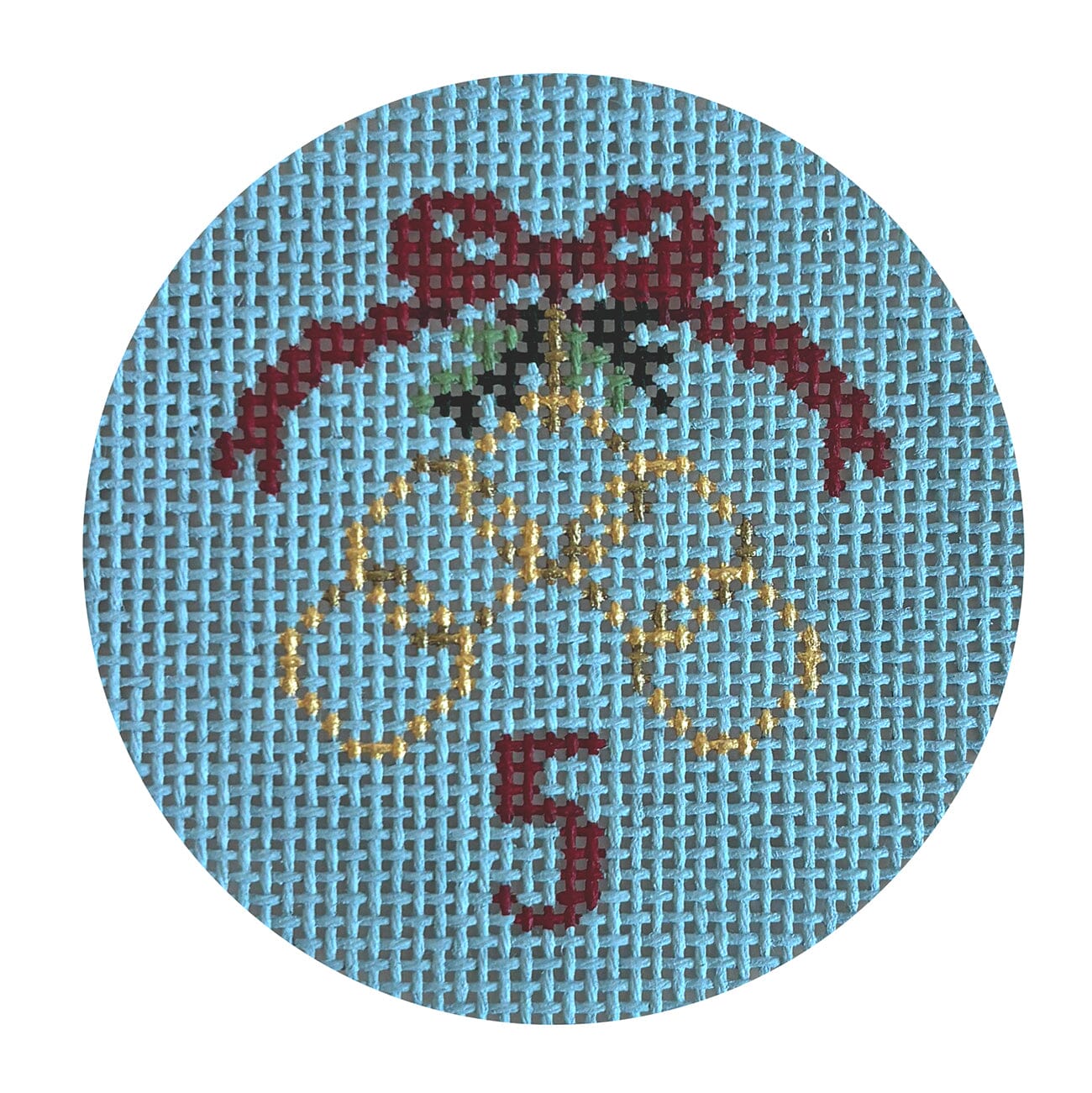Twelve Days, 5 Golden Rings, 2.5" Round Painted Canvas Susan Roberts Needlepoint Designs Inc. 
