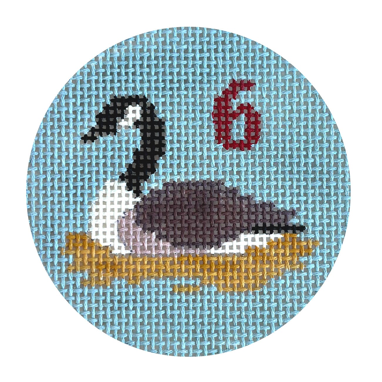 Twelve Days, 6 Geese A Laying, 2.5" Round Painted Canvas Susan Roberts Needlepoint Designs Inc. 
