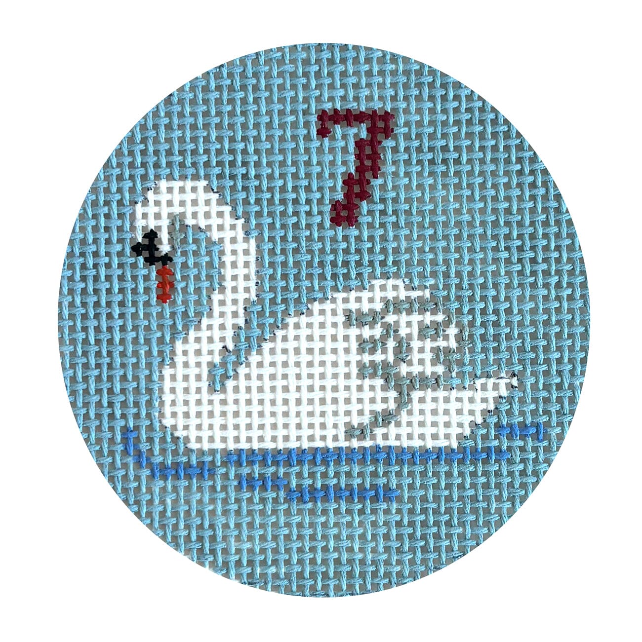 Twelve Days, 7 Swans Swimming, 2.5" Round Painted Canvas Susan Roberts Needlepoint Designs Inc. 
