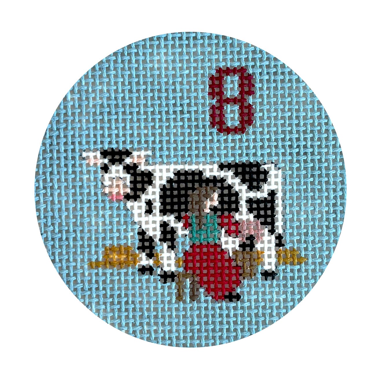 Twelve Days, 8 Maids Milking, 2.5" Round Painted Canvas Susan Roberts Needlepoint Designs Inc. 
