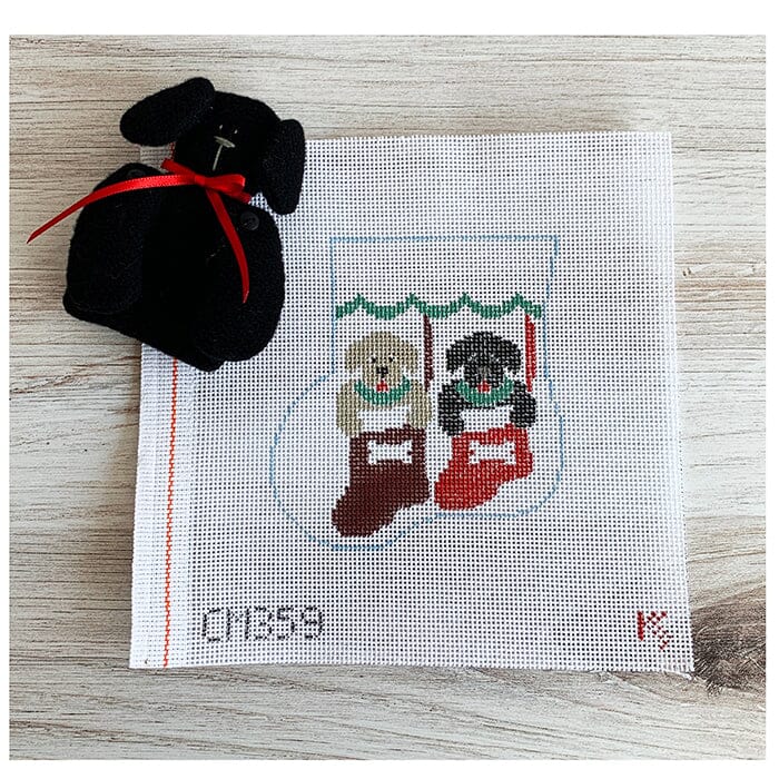 Two Dogs in Socks Mini Sock w/Black Dog Insert Painted Canvas Kathy Schenkel Designs  - 1