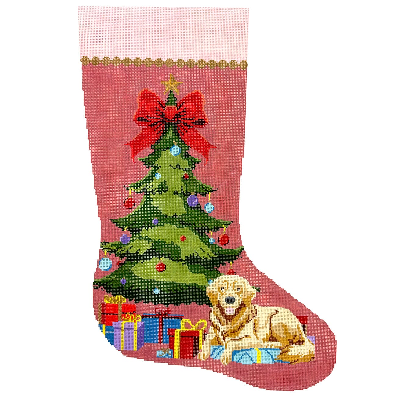 Under the Tree Stocking Painted Canvas Dogwood Needlepoint  - 1