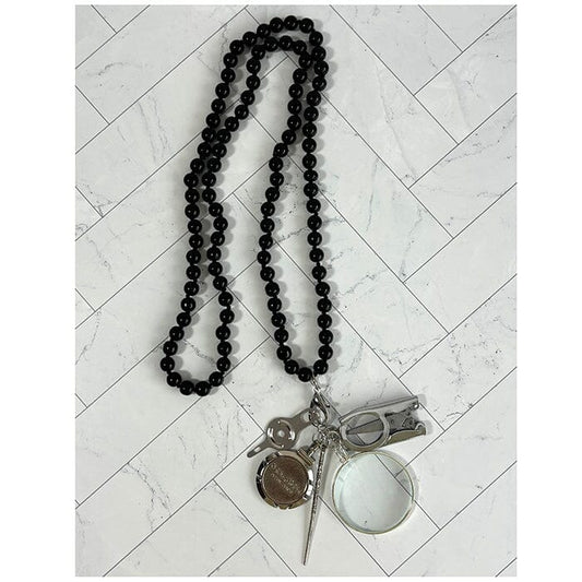 UP UP Chatelaine Necklace - Black Round Bead Accessories Victoria Whitson Needlepoint 