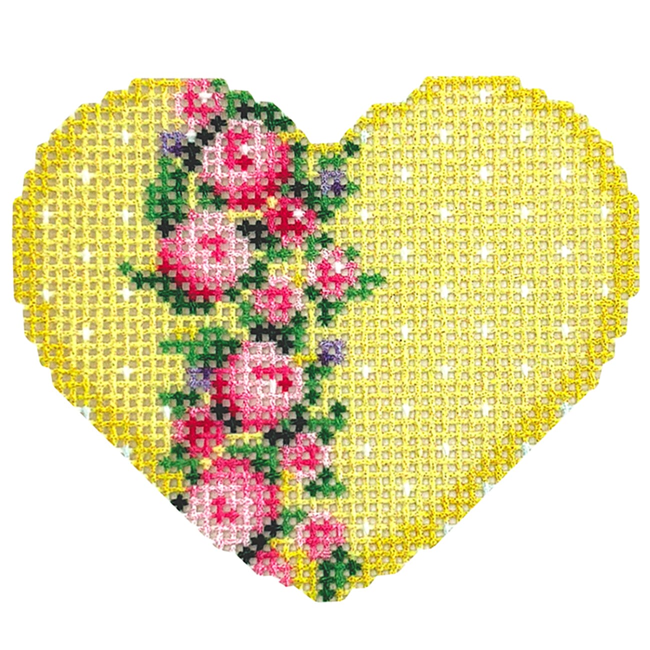 Vertical Rose Border on Yellow Mini Heart Printed Canvas Two Sisters Needlepoint 
