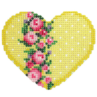 Vertical Rose Border on Yellow Mini Heart Printed Canvas Two Sisters Needlepoint 
