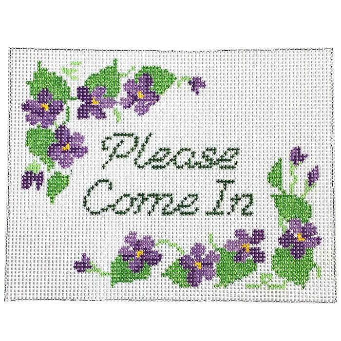 Violets ''Please Come In'' Sign Painted Canvas Susan Roberts Needlepoint Designs Inc. 