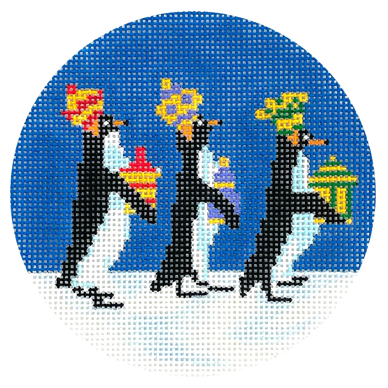 We Three Penguin Kings 4" Round Painted Canvas Scott Church Creative  - 1