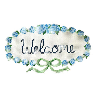 Welcome Blue Flowers Painted Canvas SLS Needlepoint 
