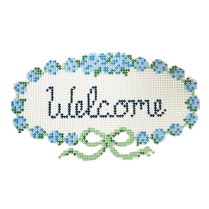 Welcome Blue Flowers Painted Canvas SLS Needlepoint 
