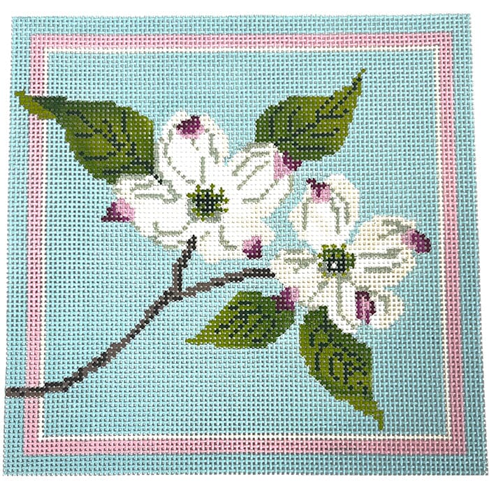 White Dogwood Blossoms on 13 Painted Canvas Blue Ridge Stitchery  - 1