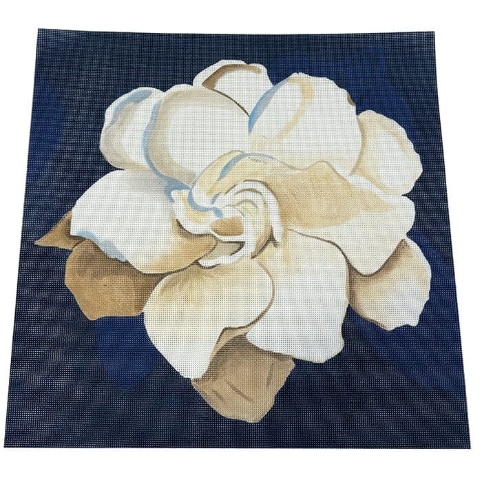 White Flower on Blue Pillow Painted Canvas KCN Designers 