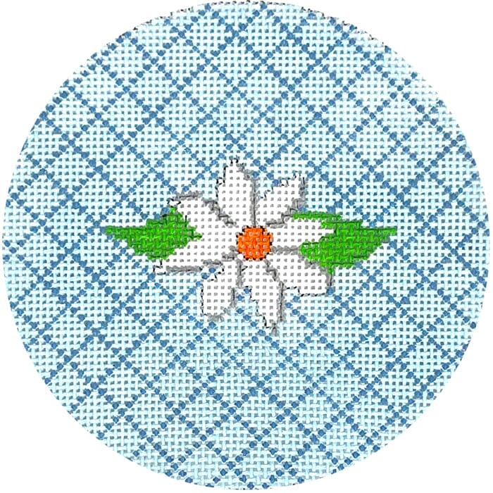 White Flower on Turquoise Lattice Round Painted Canvas Kristine Kingston 