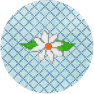 White Flower on Turquoise Lattice Round Painted Canvas Kristine Kingston 
