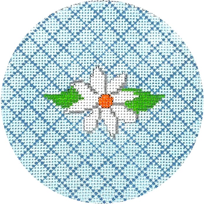 White Flower on Turquoise Lattice Round Painted Canvas Kristine Kingston 
