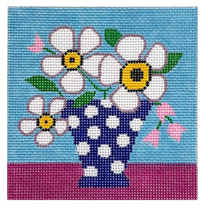 White Mod Flowers Coaster Painted Canvas Vallerie Needlepoint Gallery  - 1