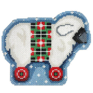 White Sheep on Wheels Ornament Printed Canvas Two Sisters Needlepoint 
