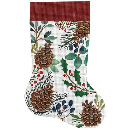 White Stocking with Pinecones Painted Canvas Laura Love Designs 