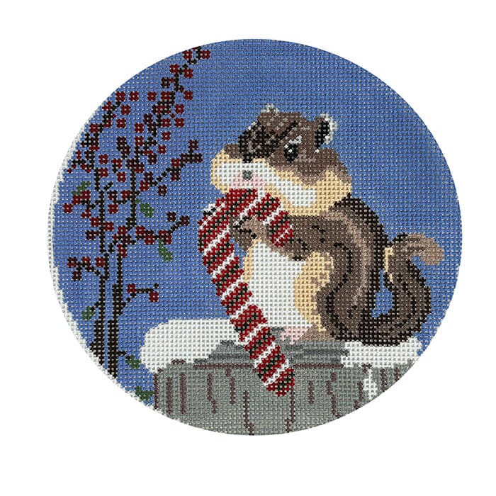 Winter Sweets Chipmunk 5" Round Painted Canvas The Gingham Stitchery 
