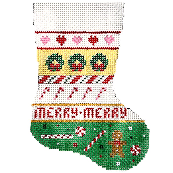 Wreath and Candy Stripe - Mini Stocking Painted Canvas Susan Roberts Needlepoint Designs Inc. 