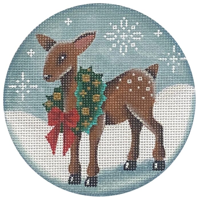 Wreath Reindeer Round Painted Canvas Rebecca Wood Designs  - 1