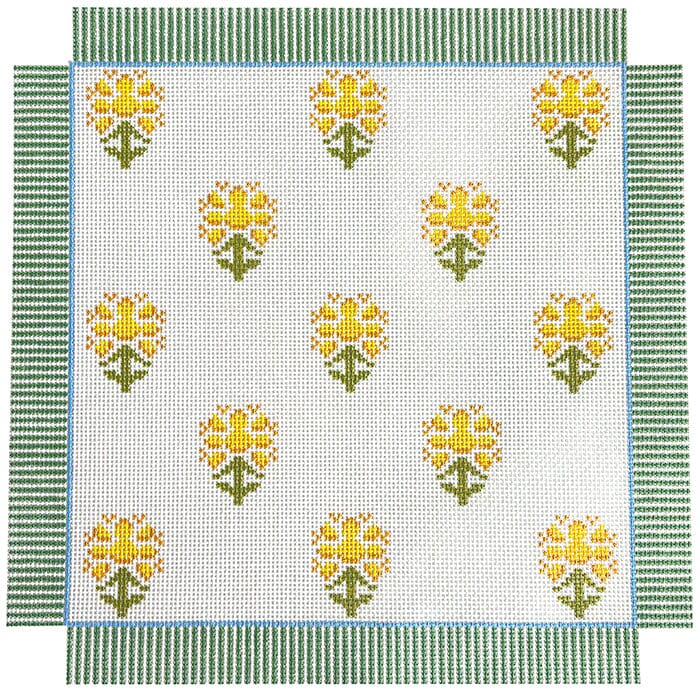 Yellow Floral Block Print Square Painted Canvas Anne Fisher Needlepoint LLC 
