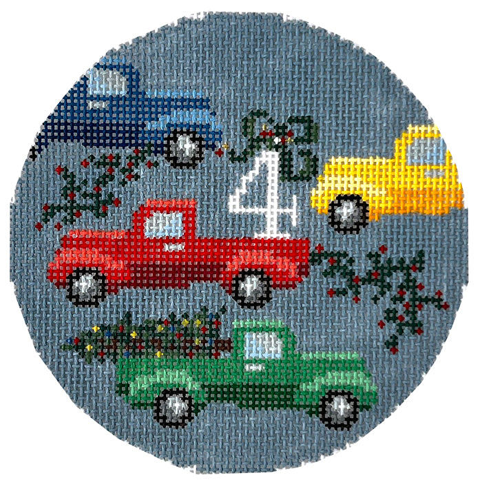 12 Days of Southern Christmas   Four Pickup Trucks Painted Canvas Wipstitch Needleworks 
