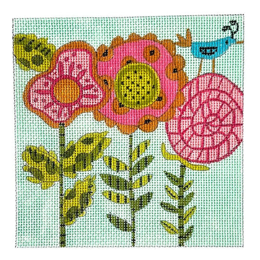 3 Flowers with Bird Painted Canvas ditto! Needle Point Works 