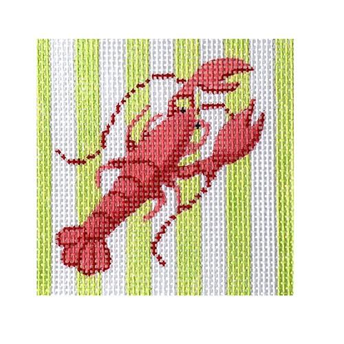 3" Insert   Lobster on Lime Cabana Stripes Painted Canvas Kate Dickerson Needlepoint Collections  - 1