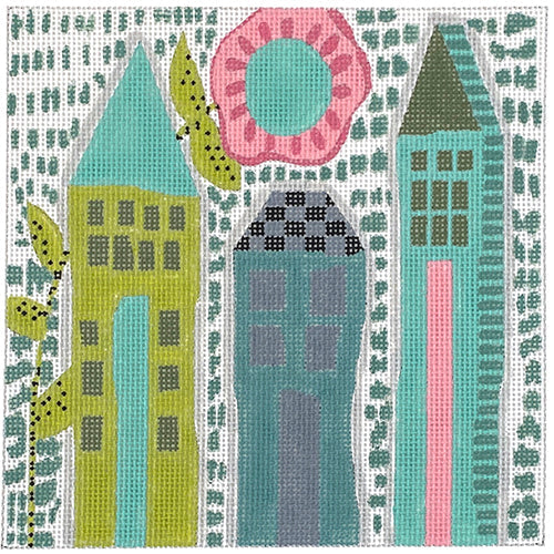 3 Tall Houses Painted Canvas ditto! Needle Point Works 
