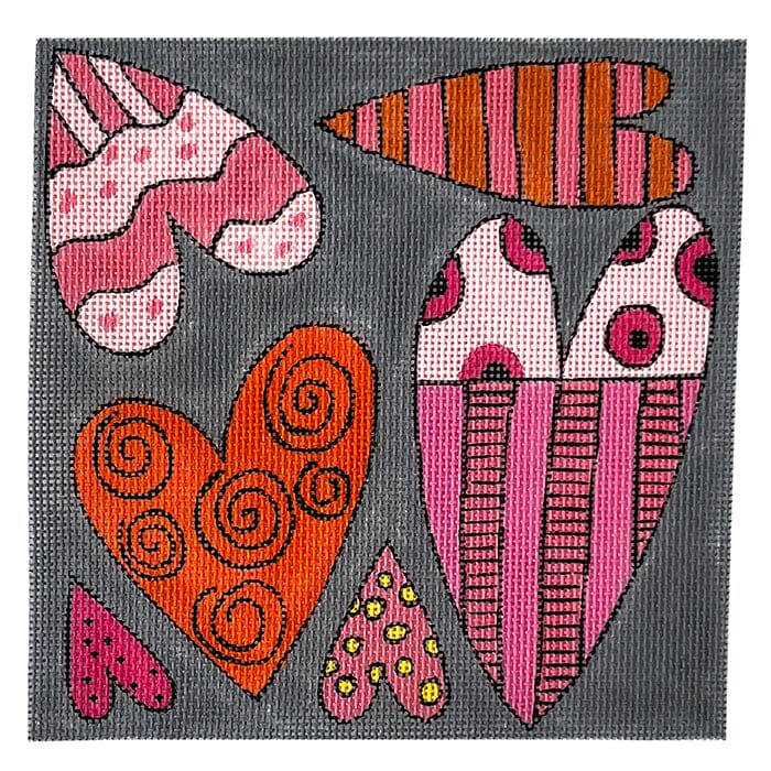 5 Small Hearts Painted Canvas ditto! Needle Point Works 
