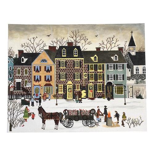 American Folk Art: Christmas on Beemis Street Painted Canvas Julie Mar Needlepoint Designs 