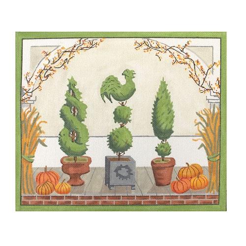 American Front Porch w/ Topiaries   Autumn Painted Canvas Kate Dickerson Needlepoint Collections 

